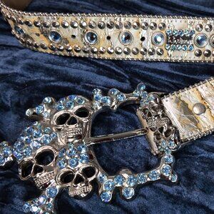 Robins jeans mens belt, Blue stones/light tan/blue reflective leather 32-34